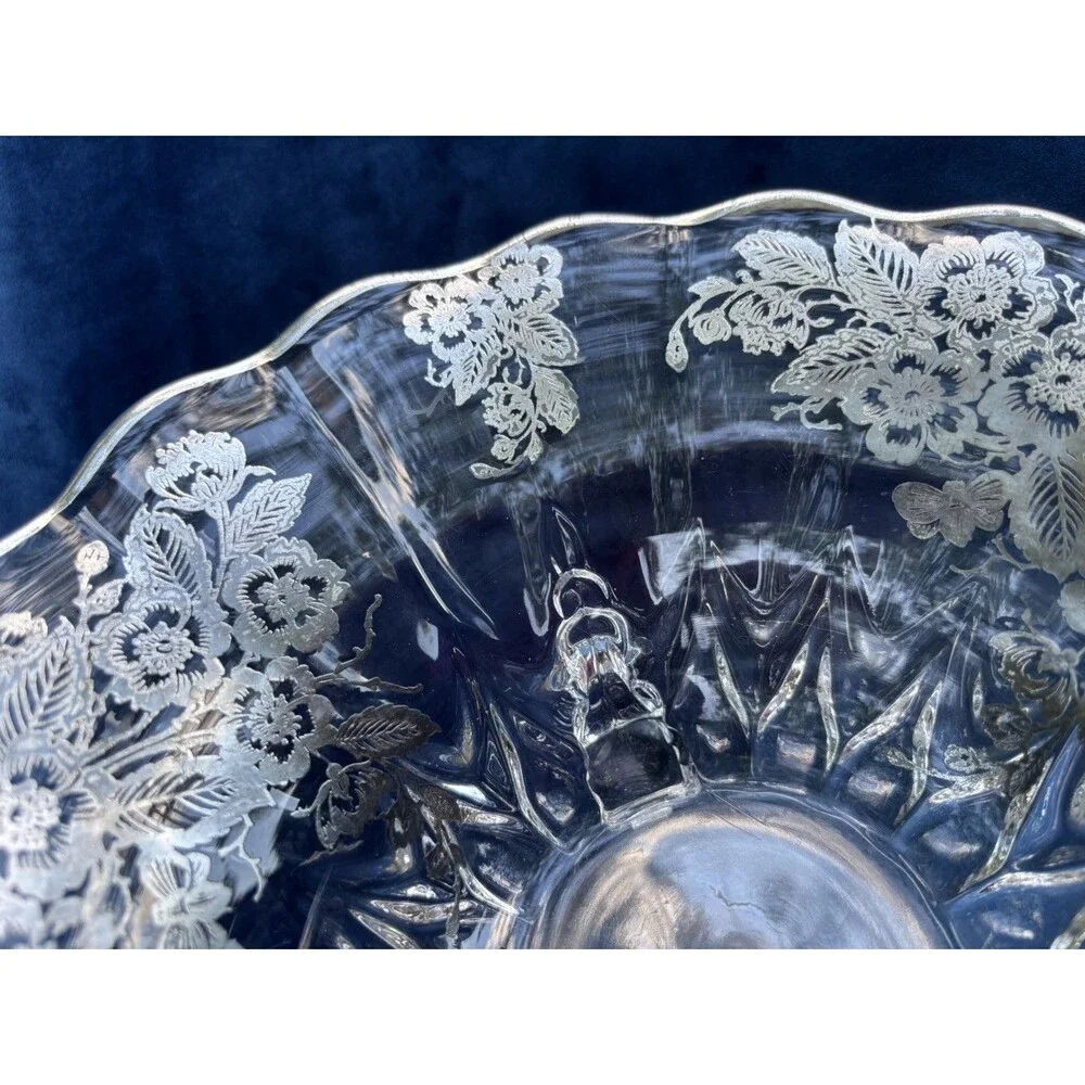 Vintage Floral Etched Glass Compote Bowl on Three Feet Decorative Centerpiece